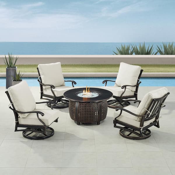 Oakland Living Black 5-Piece Aluminum Patio Fire Table Set with Light Grey Cushions