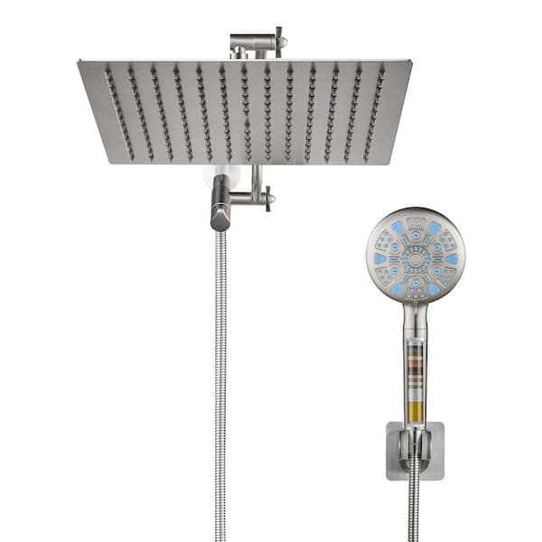 Rainfall 9-Spray Wall Mount Dual Shower Head and Handheld Shower Head with Filter 2.5 GPM in Brushed Nickel