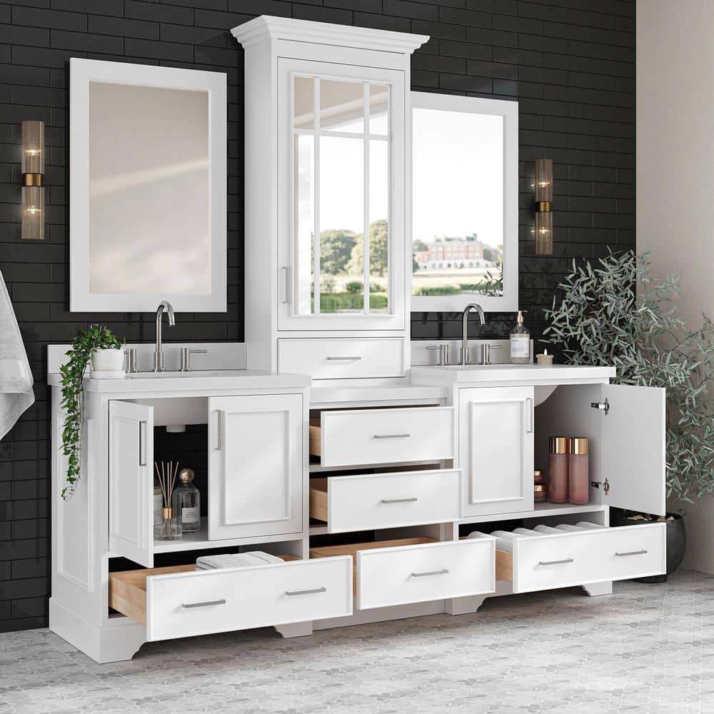 White Double Sink Vanity Set with Quartz Countertop and Mirrors