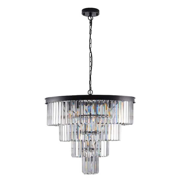 12-Light Black 4-Tier Crystal Round Chandelier with Adjustable Hanging Height for Kitchen Island (Bulb Not Included)
