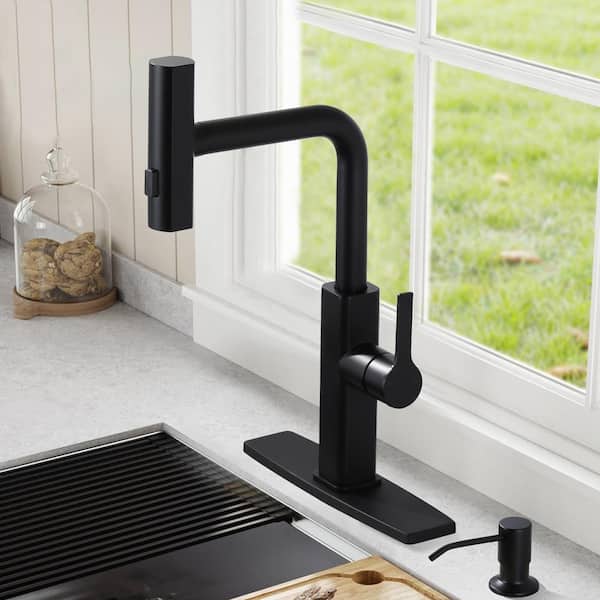 Waterfall 3-Mode Single Handle Pull Down Sprayer Kitchen Faucet with Advanced Spray, Soap Dispenser in Matte Black
