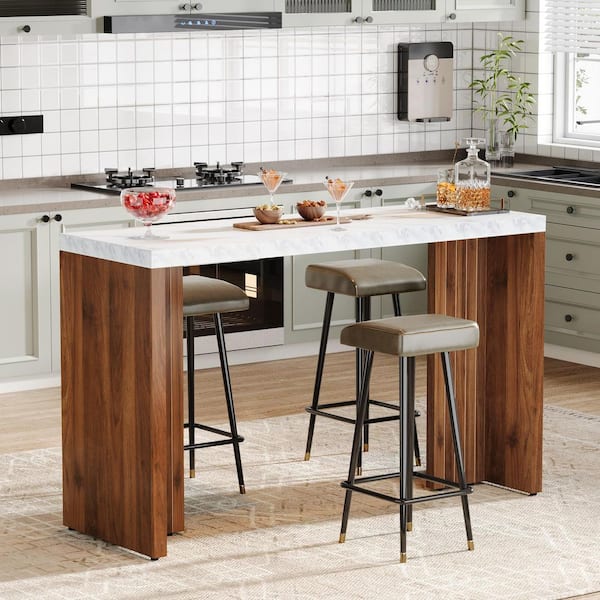 55 in. W White Engineered Wood Sled Dining Table with Faux Marble Top, Counter Height Bar Table Kitchen Table Seats 2