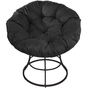 Metal Frame Papasan Outdoor Lounge Chair with Black Overstuffed Cushion 43 in.