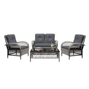 4--Piece Gray Wicker Patio Conversation Seating Set with Dark Gary Cushions and Coffee Table