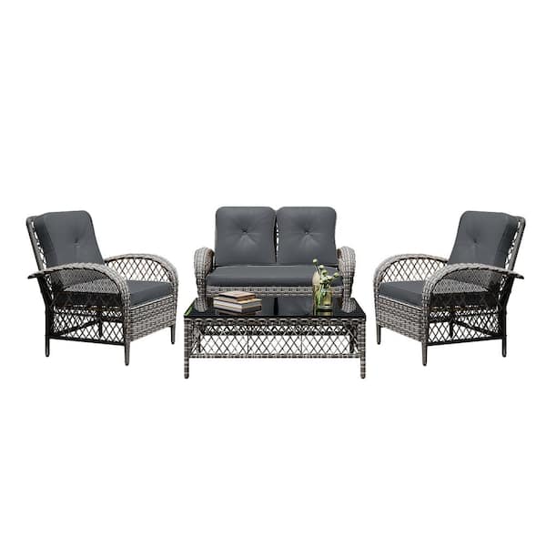 PATIOGUARDER 4--Piece Gray Wicker Patio Conversation Seating Set with Dark Gary Cushions and Coffee Table