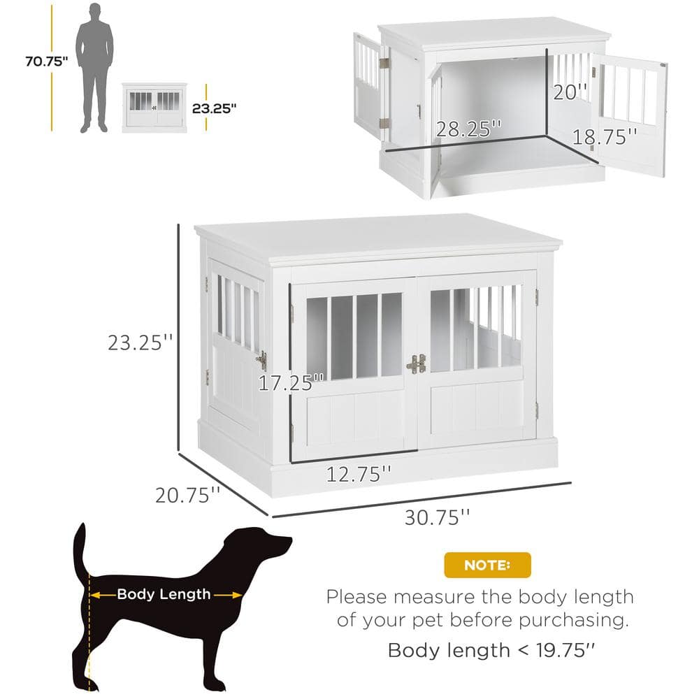 Small White Wooden Dog Crate End Table with Triple Doors