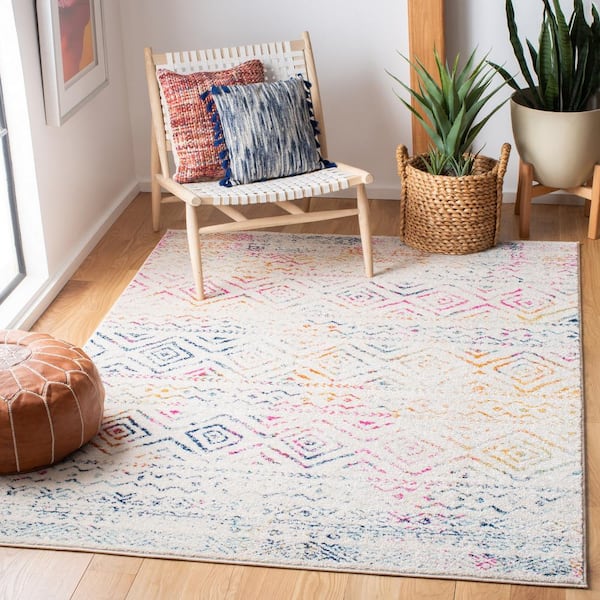 Tulum 3 ft. x 3 ft. Square Ivory/Fuchsia Striped Geometric Diamonds Area Rug