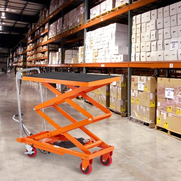 Hydraulic Lift Table Cart 330 lbs. Capacity 50 in. Lifting Height Manual Double Scissor Lift Table with 4 Wheels, Orange