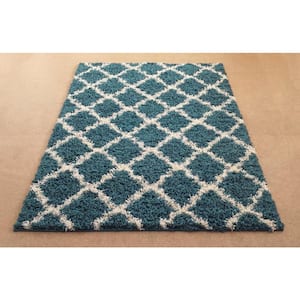 Shaggy Petrol Blue 3 ft. x 7 ft. Trellis Synthetic Rectangle Area Rug