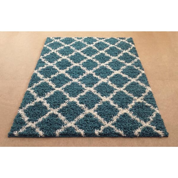 Shaggy Petrol Blue 3 ft. x 7 ft. Trellis Synthetic Rectangle Area Rug
