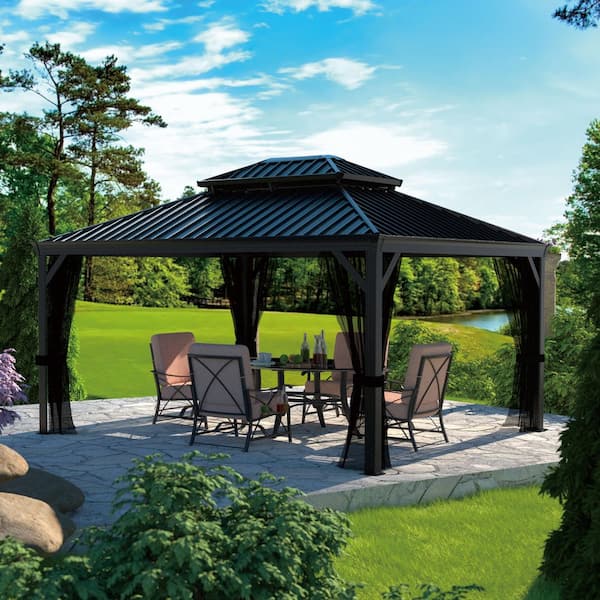 10 ft. x 12 ft. Aluminum Hardtop Gazebo with Galvanized Double Roof and Textilene Netting