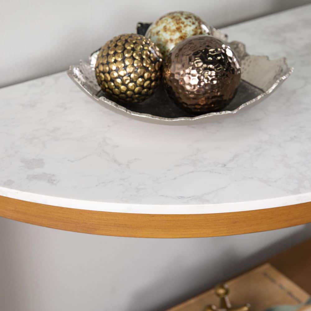 White and Natural Faux Marble Demilune Console Table with Storage