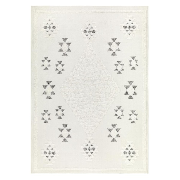 Antep Rugs Palafito White 7'10" x 10' Rectangle Moroccan Shag Diamond High-Low Pile Textured Indoor Area Rug