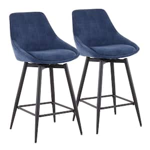 Diana 25.5 in. Blue Corduroy and Black Metal Counter Height Bar Stool (Set of 2)