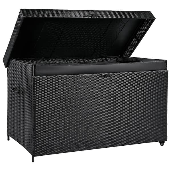 230 Gal. Rattan Wicker Deck Box, with Wheels and Steel Frame, Black Outdoor Storage Deck Box