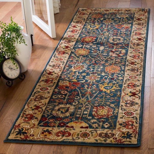 Kashan 3 ft. x 18 ft. Blue/Tan Floral Border Runner Rug