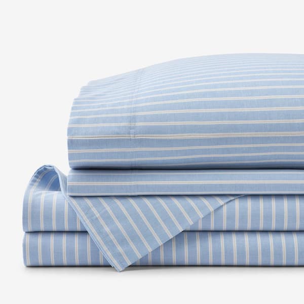 The Company Store Company Cotton Oxford Blue/Beige Cotton Twin XL Sheet Set
