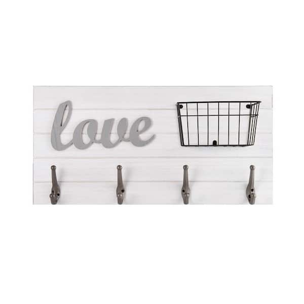 Melannco 24 in. MDF "Love" Wall Plaque with Hooks and Basket