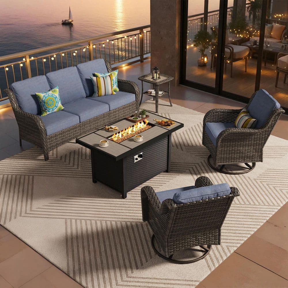 XIZZI Crafted 5 Pieces Wicker Outdoor Patio Rectangular Fire Pit