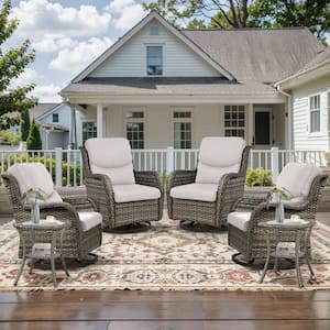 Crescent 6-Piece Gray Wicker Outdoor Swivel Rocker Patio Chairs Patio Conversation Set with Beige Cushions