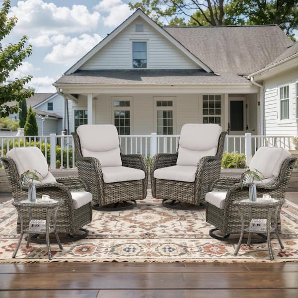 Crescent 6-Piece Gray Wicker Outdoor Swivel Rocker Patio Chairs Patio Conversation Set with Beige Cushions