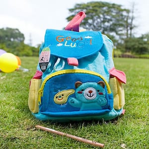 8.7 in. W x 10.2 in. H x 4.3 in. D Blue Embroidered Applique Kids Fabric Art School Backpack