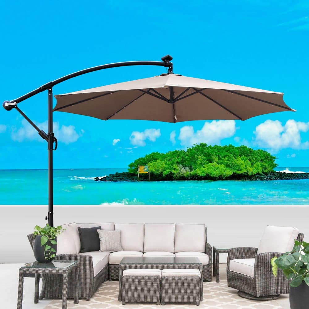 10 ft. Steel Outdoor LED 8-Rib Market Patio Umbrella in Mushroom with Crank and Cross Base price history on PriceWatchPro