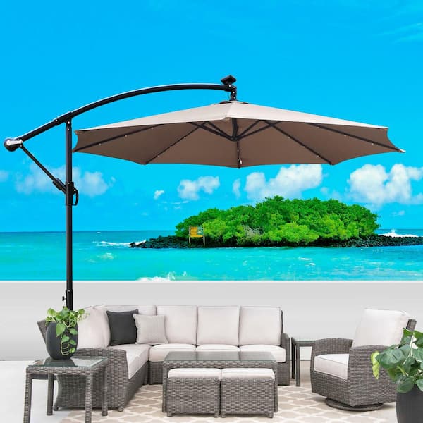 10 ft. Steel Outdoor LED 8-Rib Market Patio Umbrella in Mushroom with Crank and Cross Base
