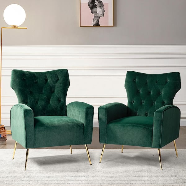 JAYDEN CREATION Brion Green Velvet Wingback Chair with Tufted Cushions (Set of 2)