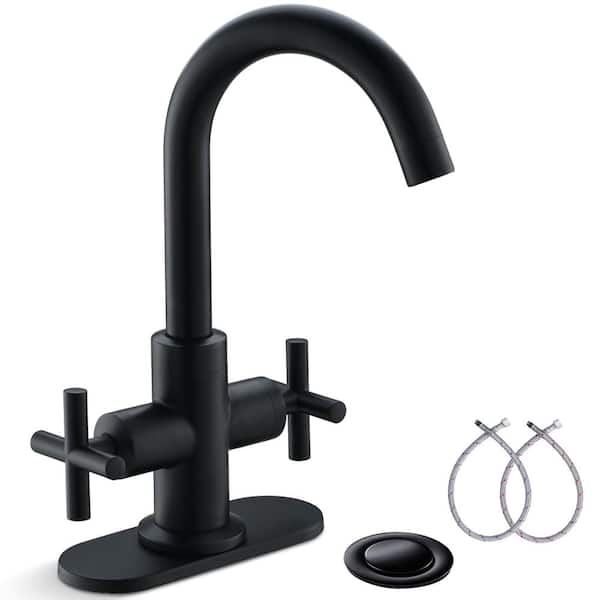 Phiestina 4 in. 2 Handle Bathroom Faucet, Fit for 1 or 3 Hole, 360°Swivel Spout Cross Handle Matte Black