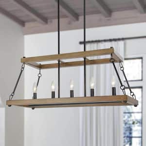 Eniso 30 in. Industrial Black Farmhouse Island Chandelier with Faux Wood Geometric Cage Linear Candlestick Chandelier