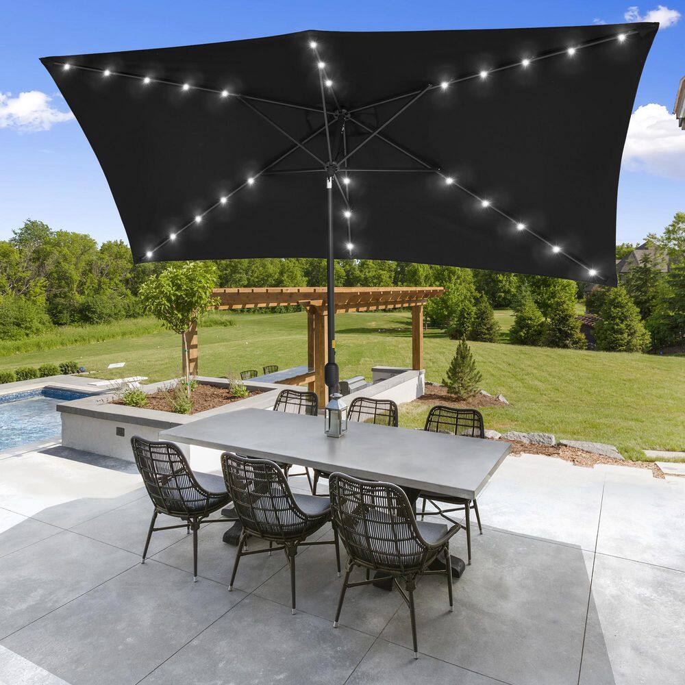 10 ft. x 6.5 ft. Solar LED Rectangle Market Aluminum Pole Patio Umbrellas with Solar Lights, Tilt Button in Black price history on PriceWatchPro