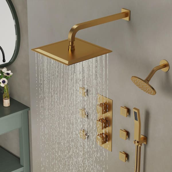Thermostatic 8-Spray 12 and 6 in. Wall Mount Dual Shower Head Fixed and Handheld Shower Head in Brushed Gold, 2.5 GPM