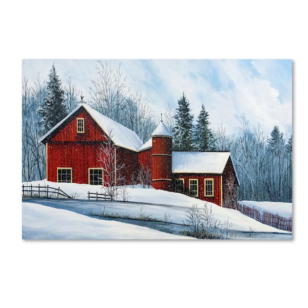 Trademark Fine Art Red Barn Winter by Debbi Wetzel Floater Frame Country Wall Art 22 in. x 32 in.