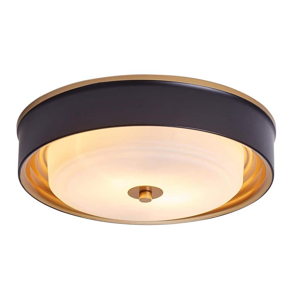 13.2 in. 2-Light Black Flush Mount Ceiling Light with Drum White Glass Shad