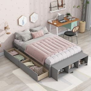 Gray Wood Frame Full Size Platform Bed with Storage Case and 2-Drawer