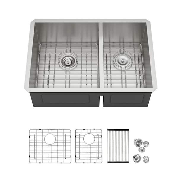 28 in. Undermount 16-Gauge Double Bowl Stainless Steel Workstation Kitchen Sink with Bottom Grids and Drying Rack