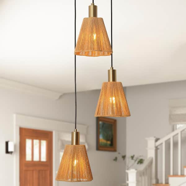 15 in. 3-Light Bohemia Brass Kitchen Island Pendant Light with Hand-Woven Paper Rope Shades