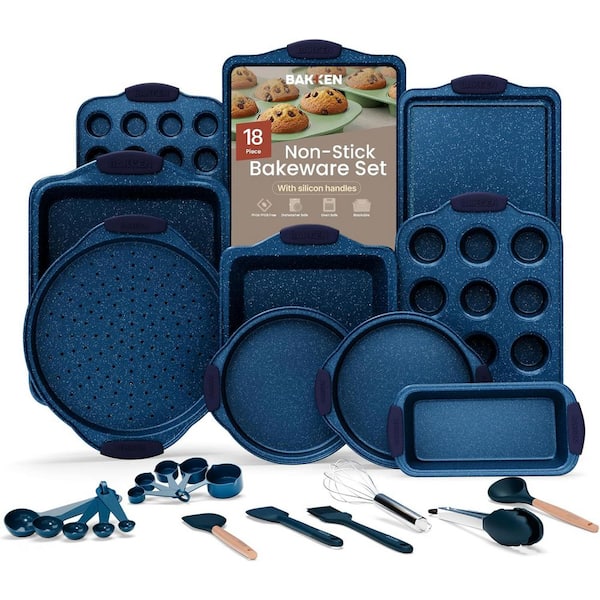 18-Piece Nonstick Coating, Carbon Steel Bakeware Sets with Blue Silicone Handles