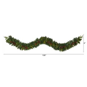 9 ft. Battery Operated Pre-lit Mixed Pine Artificial Christmas Garland with 50 Clear LED Lights, Berries and Pinecones