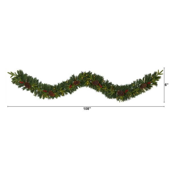 9 ft. Battery Operated Pre-lit Mixed Pine Artificial Christmas Garland with 50 Clear LED Lights, Berries and Pinecones