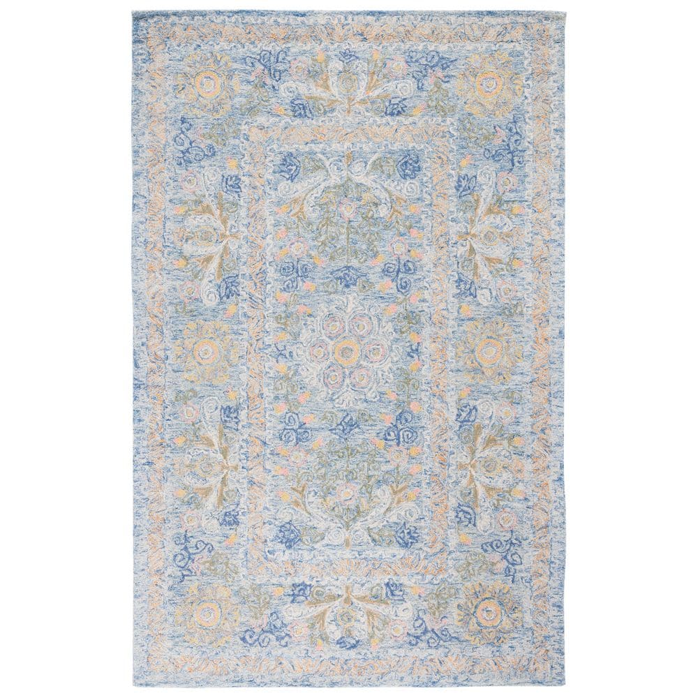 SAFAVIEH Micro-Loop Blue/Green 5 ft. x 8 ft. Floral Border Area Rug ...