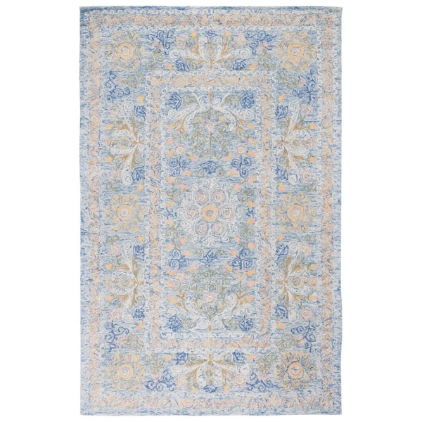 SAFAVIEH Micro-Loop Blue/Green 5 ft. x 8 ft. Floral Border Area Rug