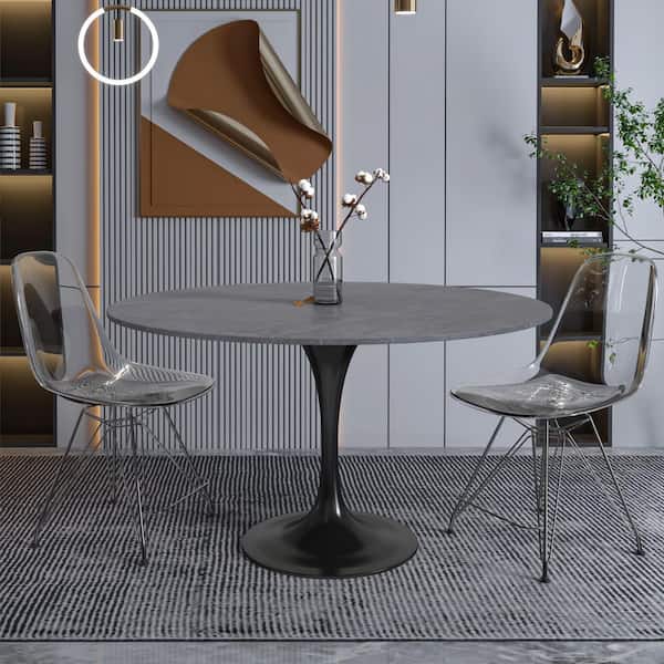 Verve Modern Grey Sintered Stone 48 in. Tabletop with Black Stainless Steel Pedestal Base Dining Table Seats 4