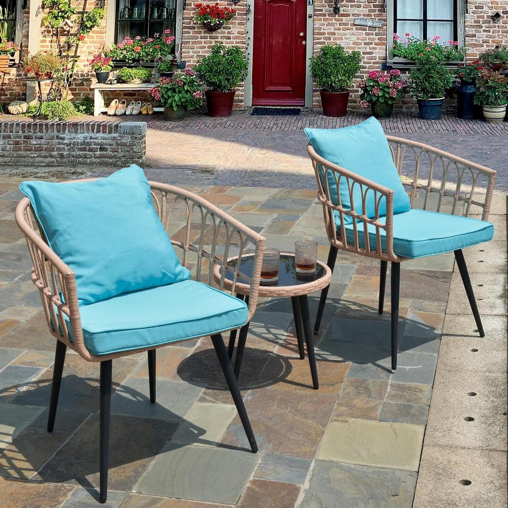 3-Piece Yellow PE Wicker Outdoor Bistro Set with Teal Blue Cushions and Cof