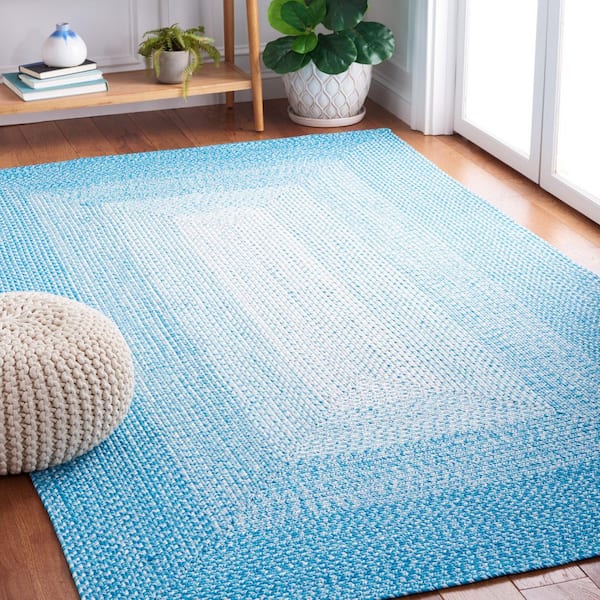 Braided Aqua 4 ft. x 6 ft. Machine Washable Ombre Border Area Rug