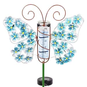 3.28 ft. Solar Butterfly Rain Gauge Blue Metal Garden Stake