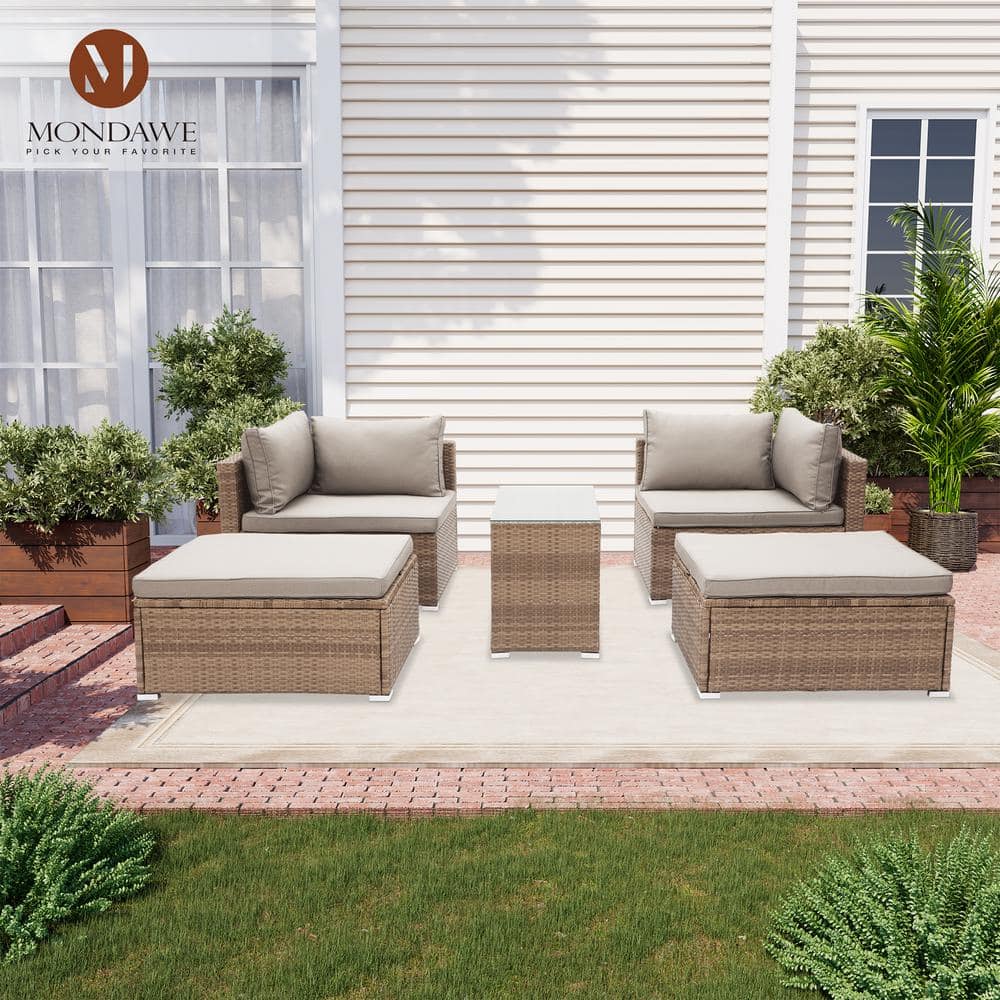 Gray Cushions 5-Piece PE Rattan Wicker Outdoor Sectional Sofa Set with Tempered Glass Tabletop Tabl -  Mondawe, MO-TDS05GY