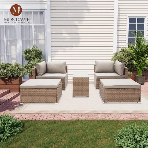 Mondawe Gray Cushions 5-Piece PE Rattan Wicker Outdoor Sectional Sofa Set with Tempered Glass Tabletop Tabl