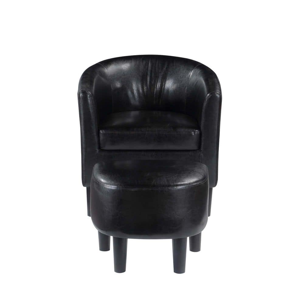 Contemporary Black Faux Leather Barrel Accent Chair and Ottoman